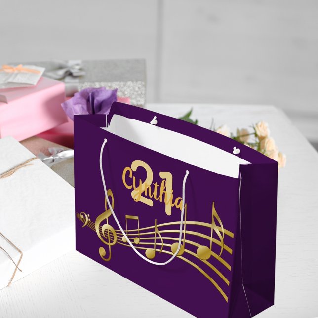 Grand Sac Cadeau 21e fête d'anniversaire notes de musique dorée vio (Créateur téléchargé)