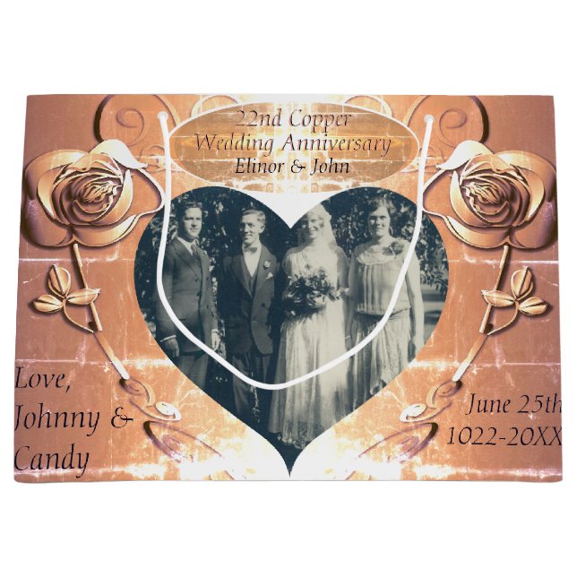 Grand Sac Cadeau 22e/7e anniversaire Mariage Cuivre +PhotoCadeau (Devant)