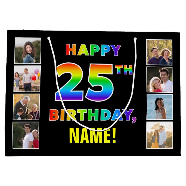 Grand Sac Cadeau 25e anniversaire : Rainbow Text, Custom Photos & N (Dos)