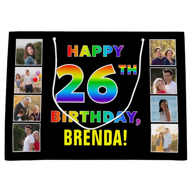 Grand Sac Cadeau 26e anniversaire : Rainbow Text, Custom Photos & N (Devant)