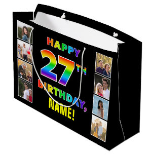Grand Sac Cadeau 27e anniversaire : Rainbow Text, Custom Photos & N