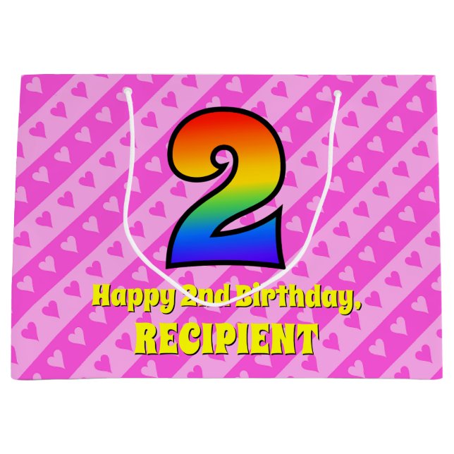 Grand Sac Cadeau 2e anniversaire : Pink Stripes & Hearts, Rainbow # (Devant)
