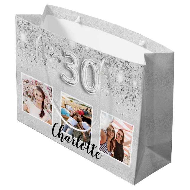 Grand Sac Cadeau 30e anniversaire argent parties scintillant nom ph (Dos Angle)