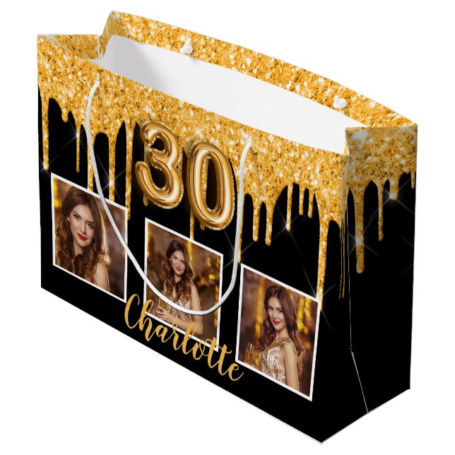 Grand Sac Cadeau 30e anniversaire noir parties scintillant d'or gou (Dos Angle)