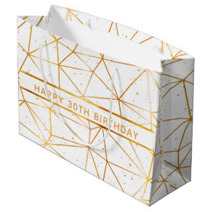 Grand Sac Cadeau 30e anniversaire or géométrique motif blanc