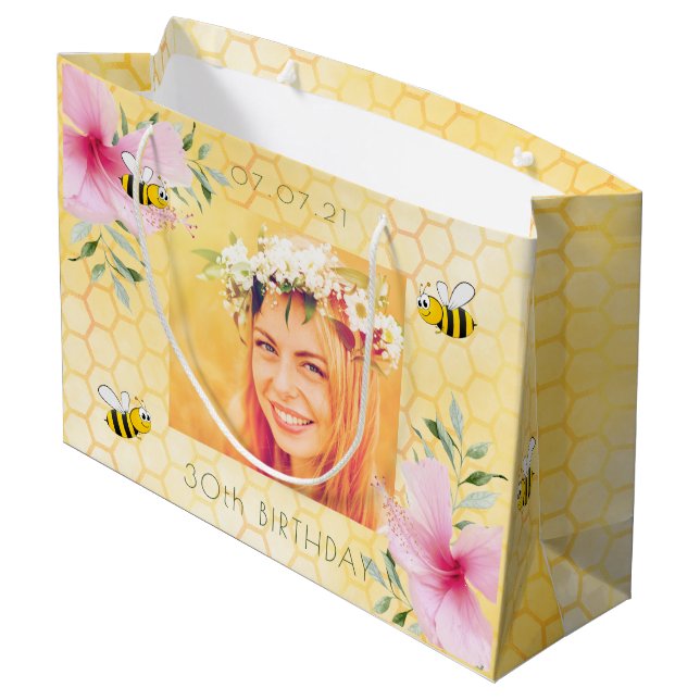 Grand Sac Cadeau 30e anniversaire photo abeille nid d'abeille fleur (Dos Angle)