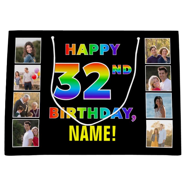 Grand Sac Cadeau 32e anniversaire : Rainbow Text, Custom Photos & N (Devant)