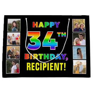 Grand Sac Cadeau 34e anniversaire : Rainbow Text, Custom Photos & N