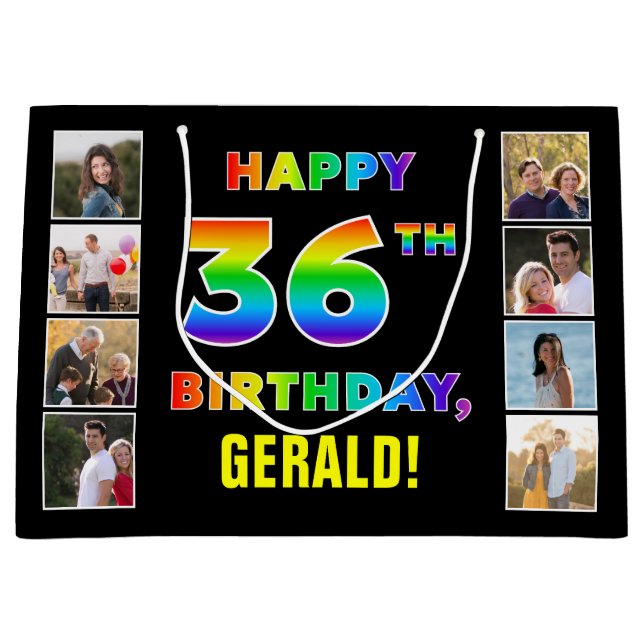 Grand Sac Cadeau 36e anniversaire : Rainbow Text, Custom Photos & N (Devant)