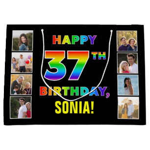 Grand Sac Cadeau 37e anniversaire : Rainbow Text, Custom Photos & N
