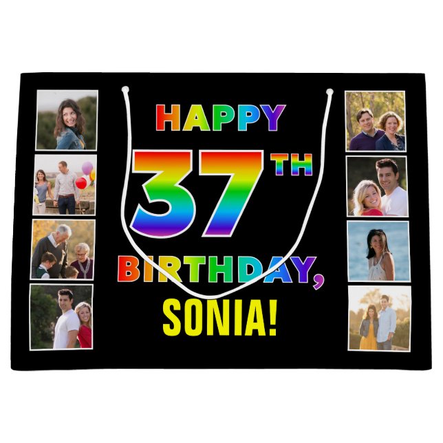Grand Sac Cadeau 37e anniversaire : Rainbow Text, Custom Photos & N (Devant)