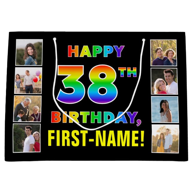 Grand Sac Cadeau 38e anniversaire : Rainbow Text, Custom Photos & N (Devant)