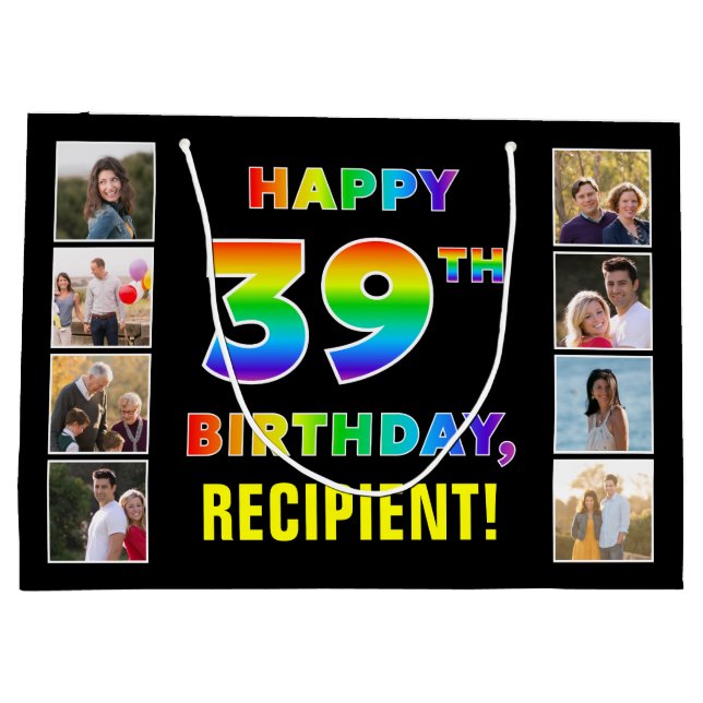 Grand Sac Cadeau 39e anniversaire : Rainbow Text, Custom Photos & N (Dos)