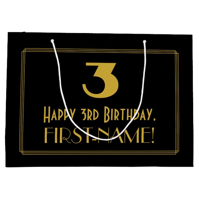 Grand Sac Cadeau 3e anniversaire — Art déco inspiré Look "3" & Name (Dos)
