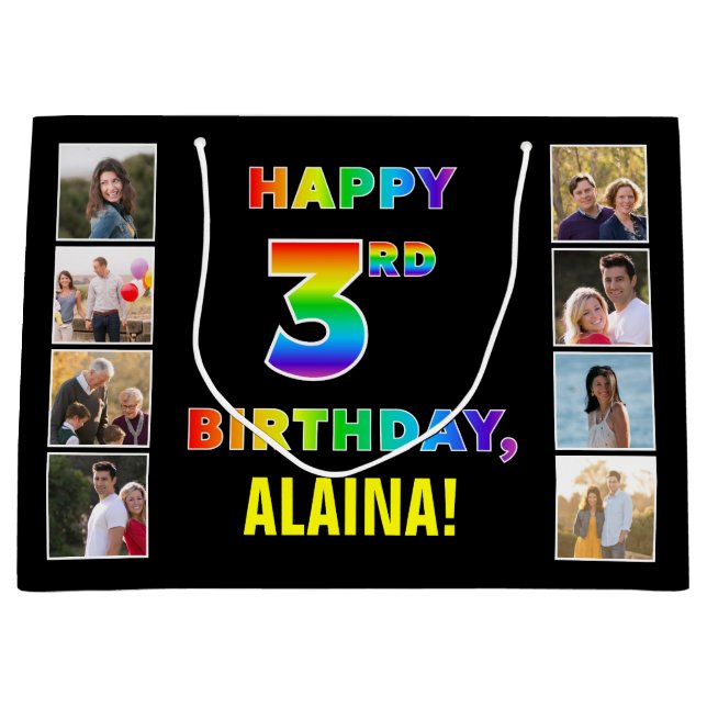 Grand Sac Cadeau 3e anniversaire : Rainbow Text, Custom Photos & Na (Devant)