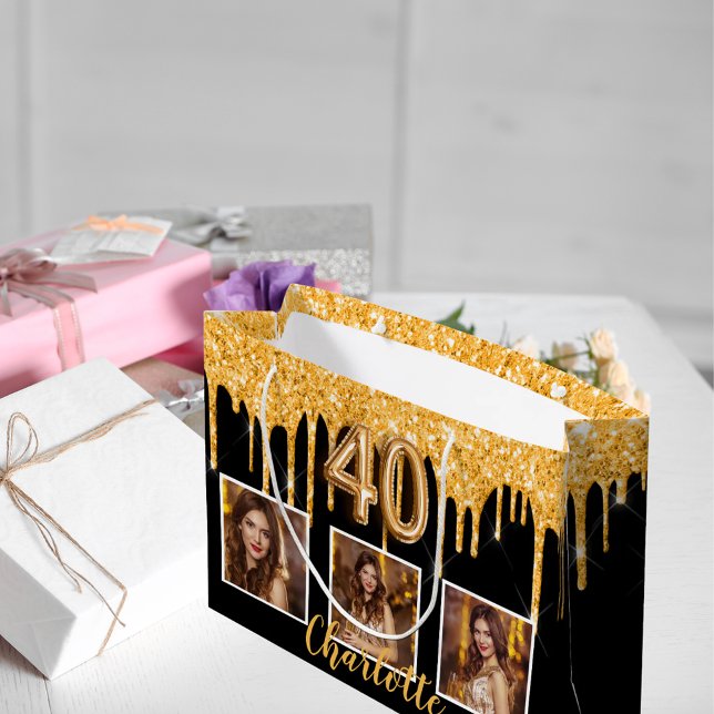 Grand Sac Cadeau 40e anniversaire noir gouttes d'or photo (Créateur téléchargé)