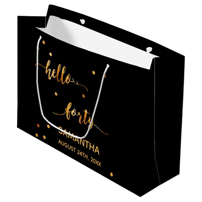 Grand Sac Cadeau 40e anniversaire noir or bonjour 40 nom script (Devant Angle)