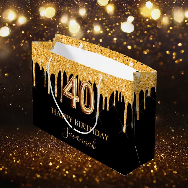 Grand Sac Cadeau 40e anniversaire noir parties scintillant or drips (Créateur téléchargé)