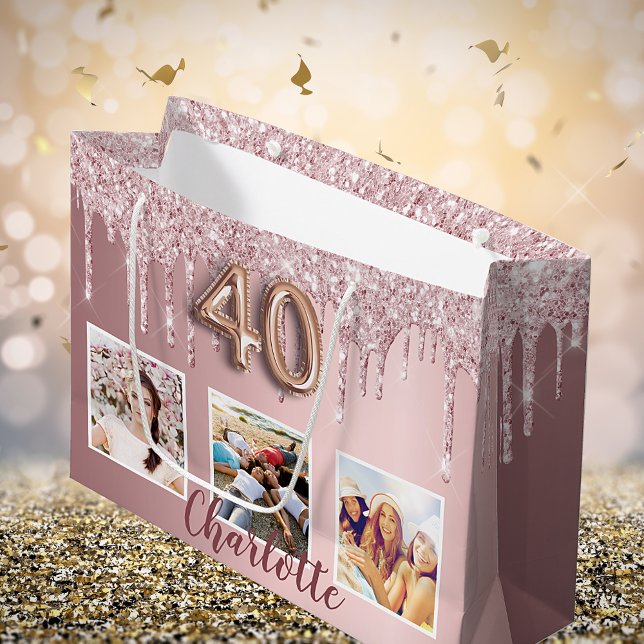 Grand Sac Cadeau 40e anniversaire rose parties scintillant gouttes  (Créateur téléchargé)