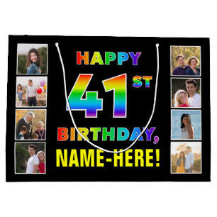 Grand Sac Cadeau 41e anniversaire : Rainbow Text, Custom Photos & N