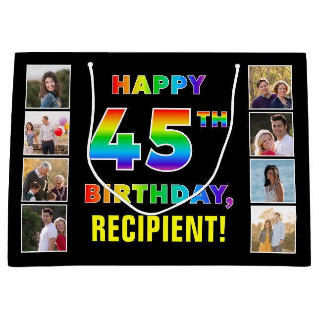 Grand Sac Cadeau 45e anniversaire : Rainbow Text, Custom Photos & N (Devant)