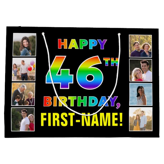 Grand Sac Cadeau 46e anniversaire : Rainbow Text, Custom Photos & N (Dos)