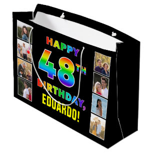 Grand Sac Cadeau 48e anniversaire : Rainbow Text, Custom Photos & N