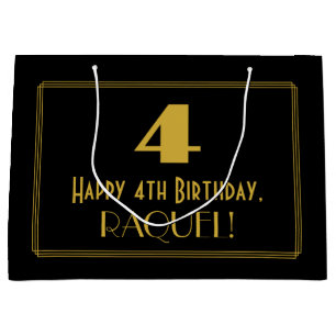Grand Sac Cadeau 4e anniversaire — Art Déco Inspiré Look "4" & Nom
