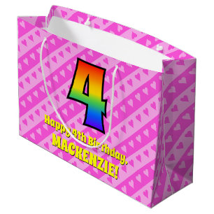 Grand Sac Cadeau 4e anniversaire : Pink Stripes & Hearts, Rainbow #
