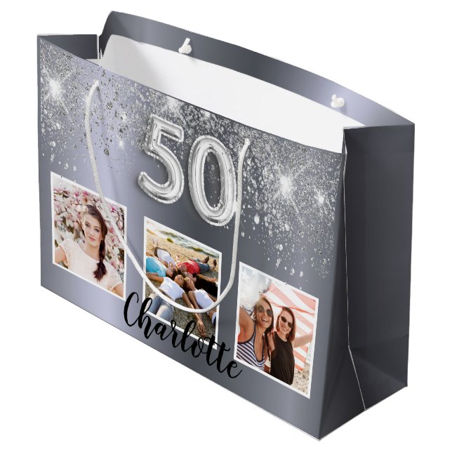 Grand Sac Cadeau 50e anniversaire argent parties scintillant photo  (Dos Angle)
