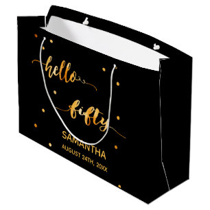 Grand Sac Cadeau 50e anniversaire or noir bonjour 50 typographie