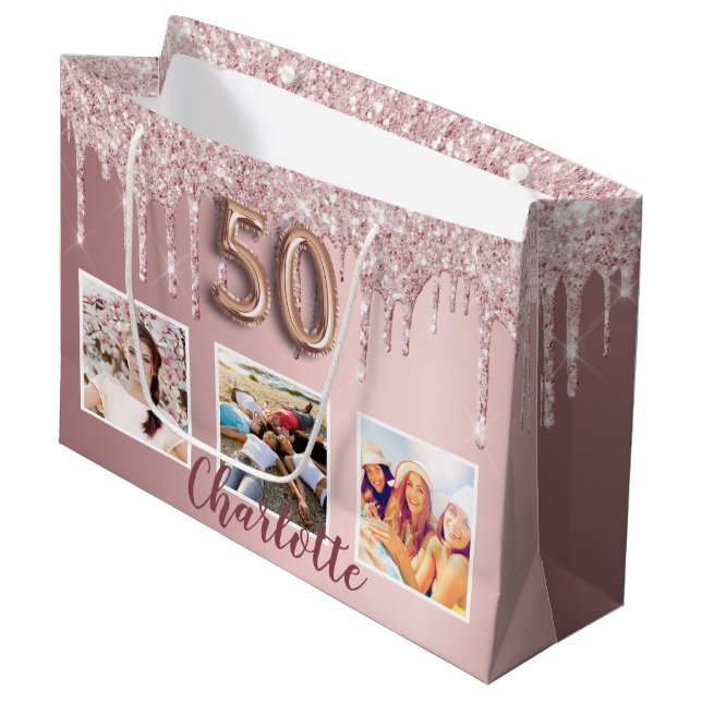 Grand Sac Cadeau 50e anniversaire rose parties scintillant gouttes  (Devant Angle)