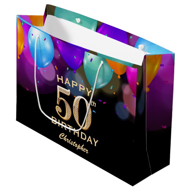 Grand Sac Cadeau 50e fête d'anniversaire Ballons noirs et or (Devant Angle)