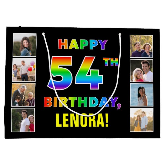 Grand Sac Cadeau 54e anniversaire : Rainbow Text, Custom Photos & N (Dos)