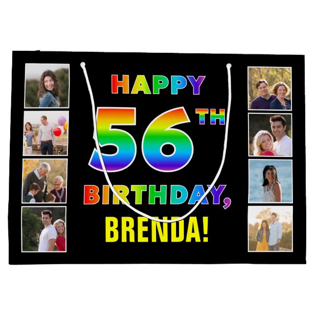 Grand Sac Cadeau 56e anniversaire : Rainbow Text, Custom Photos & N (Dos)