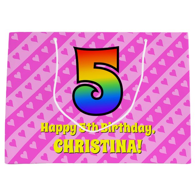 Grand Sac Cadeau 5e anniversaire : Pink Stripes & Hearts, Rainbow # (Devant)