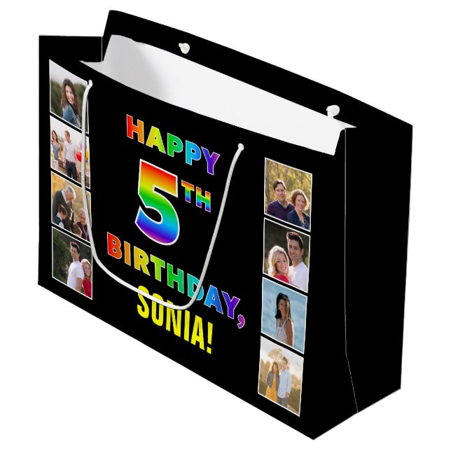 Grand Sac Cadeau 5e anniversaire : Rainbow Text, Custom Photos & Na (Devant Angle)