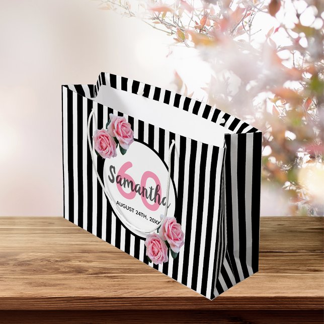 Grand Sac Cadeau 60e anniversaire bandes noires roses roses nom (Créateur téléchargé)