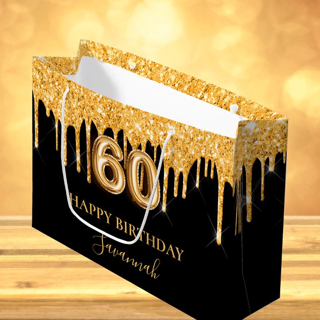Grand Sac Cadeau 60e anniversaire noir or parties scintillant nom g (Créateur téléchargé)