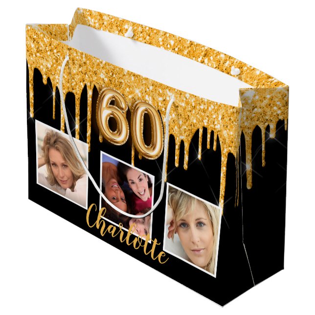 Grand Sac Cadeau 60e anniversaire noir parties scintillant d'or gou (Dos Angle)