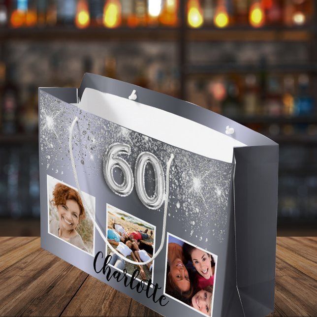 Grand Sac Cadeau 60e anniversaire parties scintillant argent photo (Créateur téléchargé)