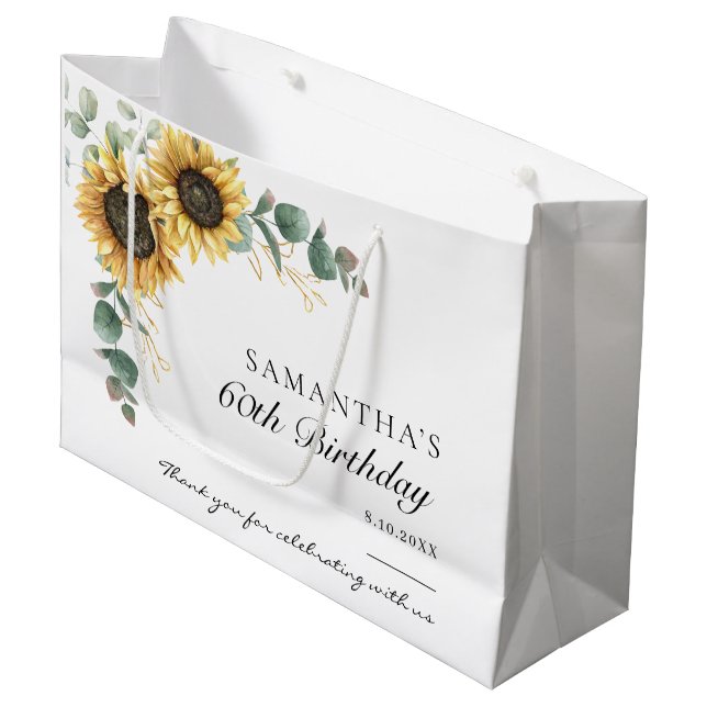 Grand Sac Cadeau 60e anniversaire Sunflower Eucalyptus Party (Devant Angle)