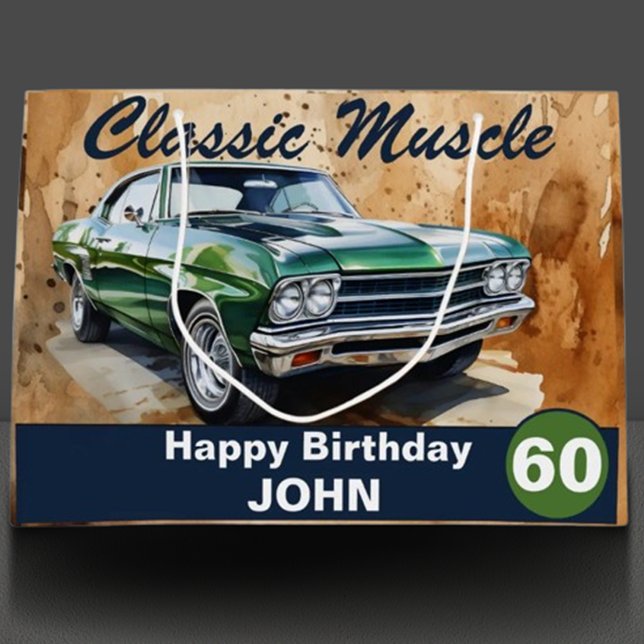 Grand Sac Cadeau 60e Anniversaire, Voiture Musculaire Classique Gra (Rev up your celebration with our classic green muscle car illustration! )