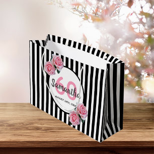 Grand Sac Cadeau 60th birthday black stripes pink rose