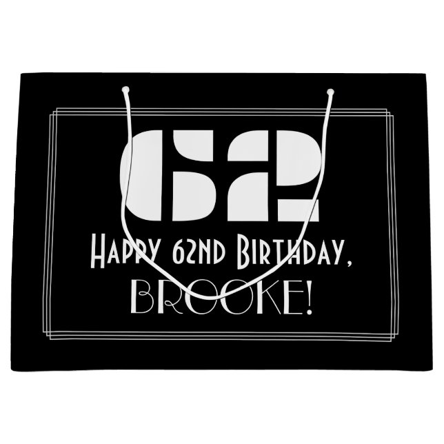 Grand Sac Cadeau 62e anniversaire ~ Art Déco Inspiré Look "62" + No (Devant)