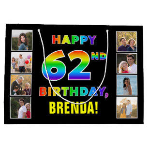 Grand Sac Cadeau 62e anniversaire : Rainbow Text, Custom Photos & N