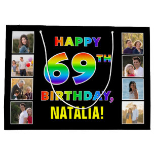 Grand Sac Cadeau 69e anniversaire : Rainbow Text, Custom Photos & N