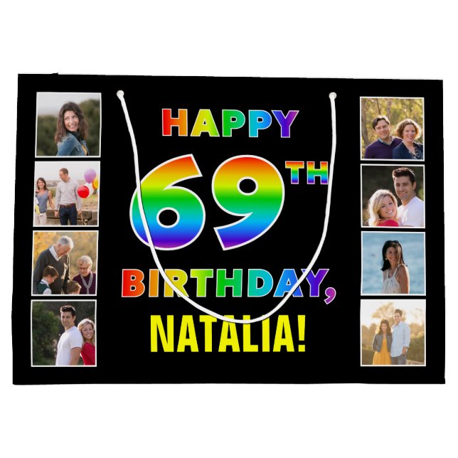 Grand Sac Cadeau 69e anniversaire : Rainbow Text, Custom Photos & N (Dos)