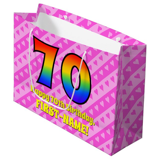 Grand Sac Cadeau 70e anniversaire : Pink Stripes & Hearts, Rainbow  (Devant Angle)