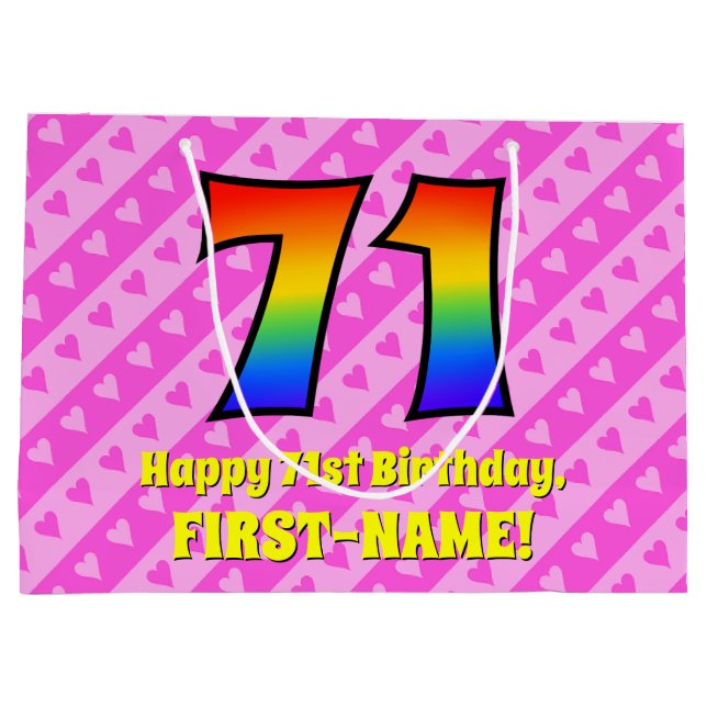 Grand Sac Cadeau 71e anniversaire : Pink Stripes & Hearts, Arc en c (Dos)